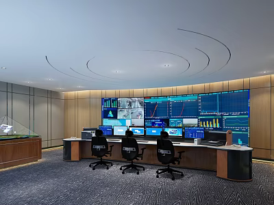 Modern Monitoring Room With Multiple Screens Control Desks And Real Time Data Displays 3d model
