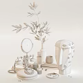 Elegant Decorative Ornament Set With Golden Olive Branch White Vase Round Mirror And Pink Ornament