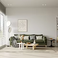 Modern Living Room Interior With Green Sofa Wooden Coffee Table Floor Lamp And Wall Painting