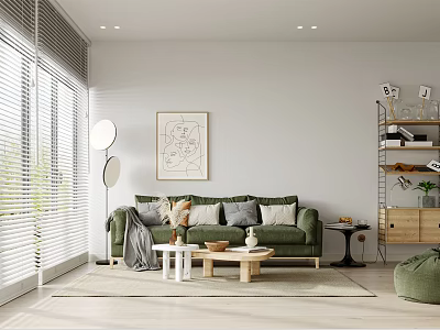 Modern Living Room Interior With Green Sofa Wooden Coffee Table Floor Lamp And Wall Painting 3d model