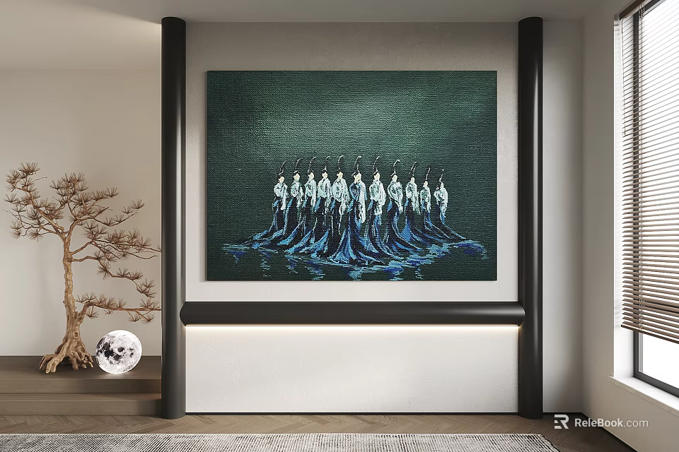 Modern Interior Decor With Large Wall Painting Of Blue And White Figures And Decorative Tree 3d model 