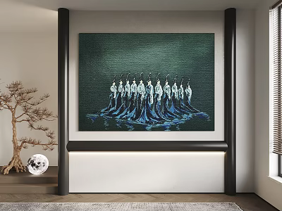 Modern Interior Decor With Large Wall Painting Of Blue And White Figures And Decorative Tree 3d model