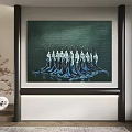 Modern Interior Decor With Large Wall Painting Of Blue And White Figures And Decorative Tree