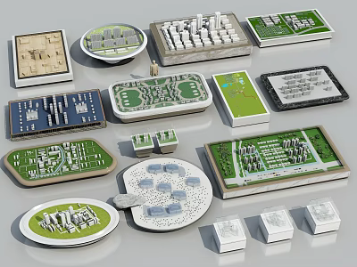 Detailed Architectural Scale Models With Various Shapes Green Areas And White Buildings 3d model