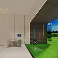 Indoor Golf Simulator Setup With Large Screen Showing Mountain Golf Course Green Lawn And Furniture