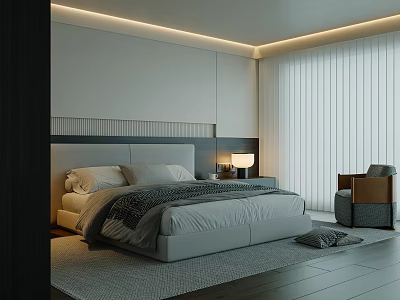 Modern Bedroom Interior With Platform Bed Nightstand Lamp And Sheer Curtains 3d model
