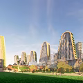 Modern Curved Office Towers With Vertical Greenery Alongside River And Pedestrian Walkway