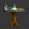 Round Wooden Table With Fresh Fruits Colorful Drinks And Various Food Items