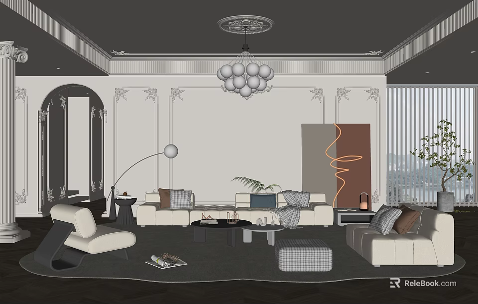 Elegant Modern Living Room Interior With Chandelier Sofa Area Rug And Decorative Painting 3d model 