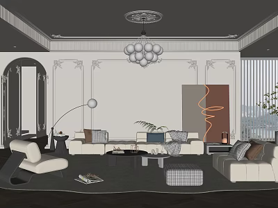 Elegant Modern Living Room Interior With Chandelier Sofa Area Rug And Decorative Painting 3d model