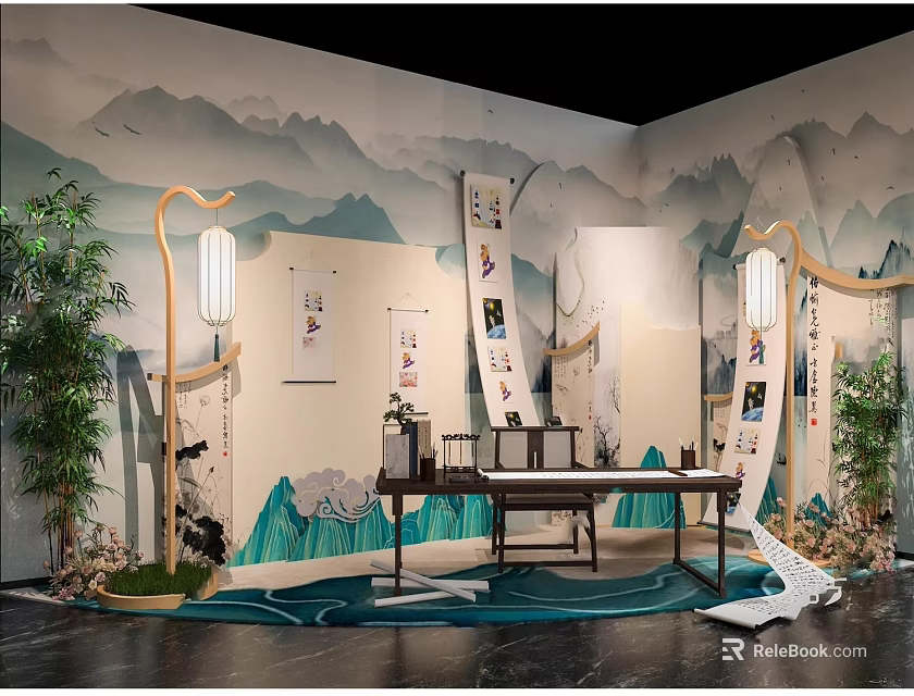 Traditional Chinese Interior Design With Mountain River Painting Lanterns Plants And Wooden Table 3d model 