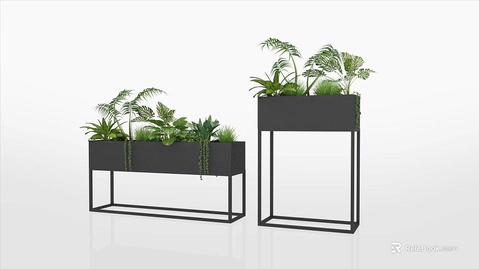 Stylish Black Metal Frame Rectangular Planters on Elevated Stands with Lush Green Ferns 3d model 