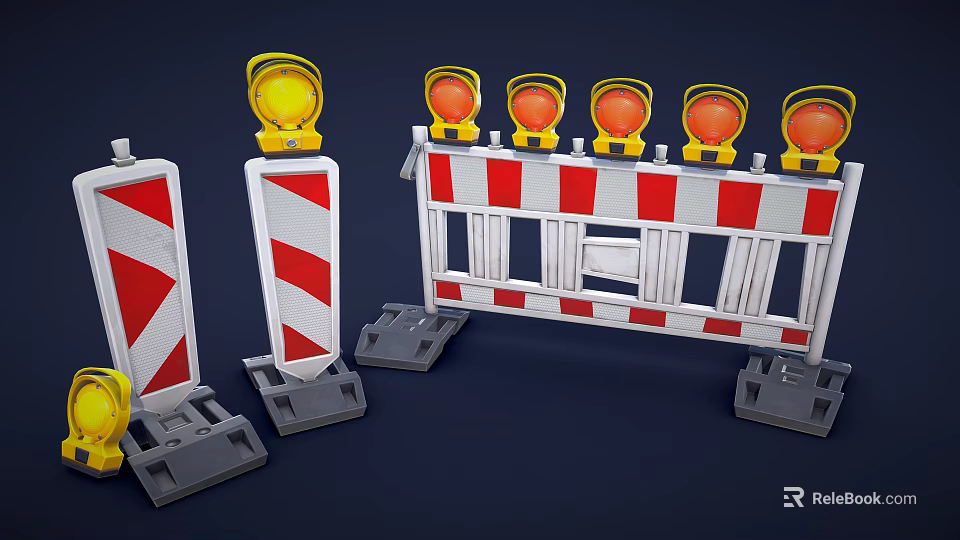 Road Construction Safety Barriers With Red White Stripes And Yellow Warning Lights 3d model 