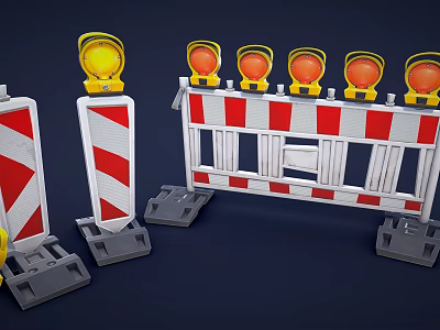 Road Construction Safety Barriers With Red White Stripes And Yellow Warning Lights 3d model