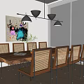 Modern Dining Table Set With Wooden Top Rattan Chairs Black Pendant Lights Artwork And Curtains