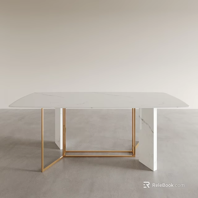 Modern White Marble Top Dining Table With Gold Metal Frame And Light Wall Gray Floor 3d model 