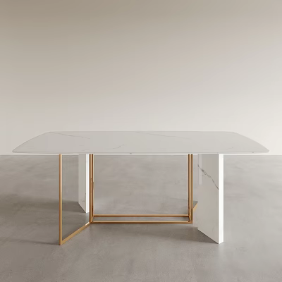 Modern White Marble Top Dining Table With Gold Metal Frame And Light Wall Gray Floor 3d model