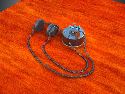 Vintage Computer Accessories With Retro Headphones And Mechanical Device On Orange Wooden Tabletop 3d model