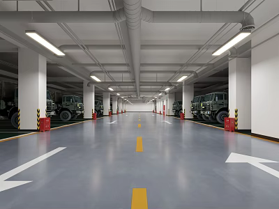 Spacious Well Lit Parking Lot with Directional Arrows Gray Floor and Parked Vehicles 3d model