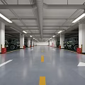 Spacious Well Lit Parking Lot with Directional Arrows Gray Floor and Parked Vehicles