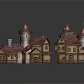 Architectural Small House Models with Purple Roofs Green Windows Spires and Towers