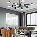 Modern Living Room Interior With Stylish Chandelier Featuring Spiral Ring Design And Sofa TV Wall
