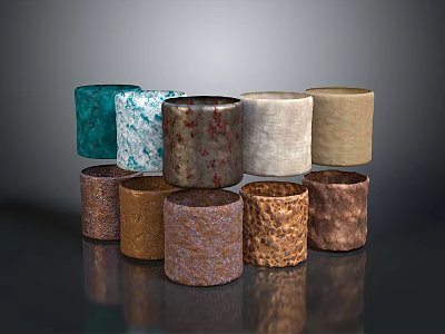 Wood And Stone Decorative Cylinders Featuring Various Colors And Natural Textures 3d model