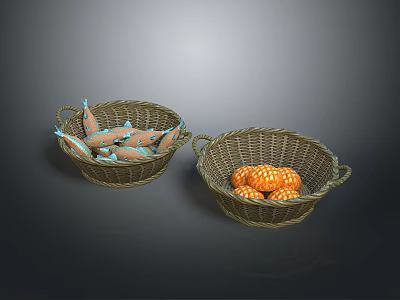 Orange And Blue Fish In Wicker Basket Alongside Pineapple Filled Basket 3d model