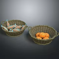 Orange And Blue Fish In Wicker Basket Alongside Pineapple Filled Basket