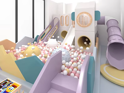Colorful Indoor Playground With Ball Pit Colorful Balls Purple Slide And Climbing Structures 3d model