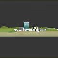 Cartoon Scene With Green Hills Blue High Rise Building White Buildings Beach And Sailboat