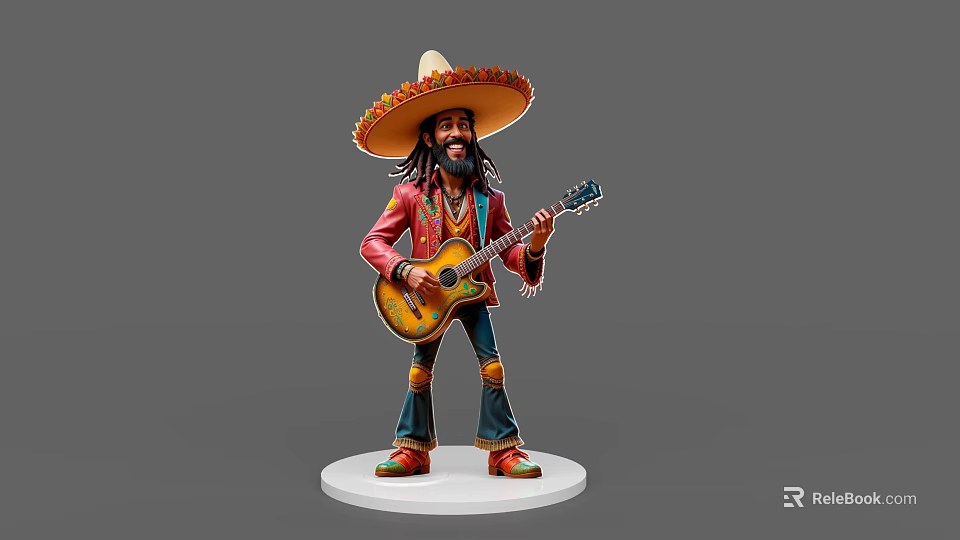 Vibrant Game Movie Character Wearing Sombrero Playing Guitar With Red Jacket And Long Hair 3d model 