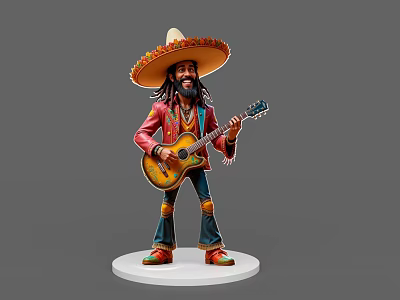 Vibrant Game Movie Character Wearing Sombrero Playing Guitar With Red Jacket And Long Hair 3d model