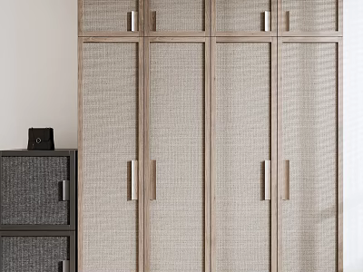 Modern Multi Door Wooden Wardrobe With Woven Panels And Metal Handles 3d model