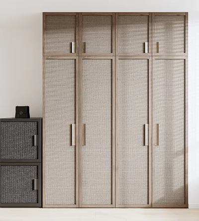 Modern Multi Door Wooden Wardrobe With Woven Panels And Metal Handles 3d model