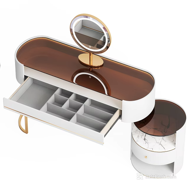 Modern Dressing Table With Round Mirror Open Drawer And Storage Compartments 3d model