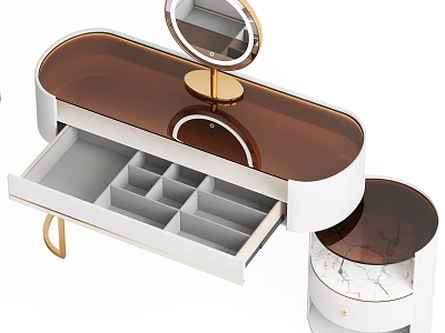 Modern Dressing Table With Round Mirror Open Drawer And Storage Compartments 3d model