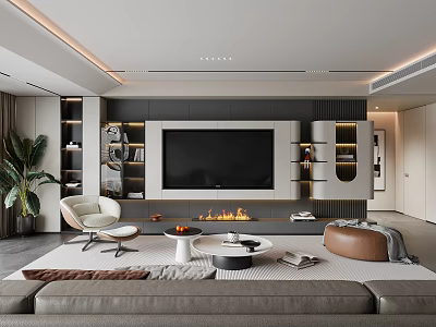 Modern Living Room Interior With TV Wall Fireplace Sofa And Decorative Shelves 3d model