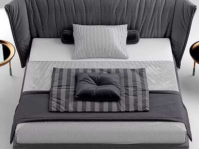 Modern Double Bed With Gray Striped Headboard Striped Pillows Dark Square Cushion And Side Tables 3d model