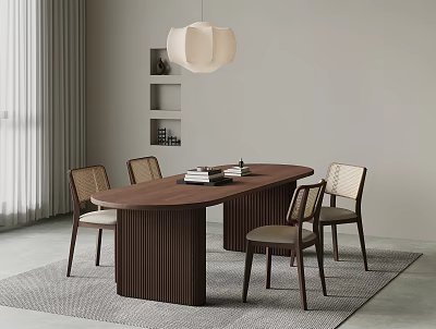 Modern Dining Space With Wooden Table Woven Back Chairs Pendant Light And Shelf 3d model