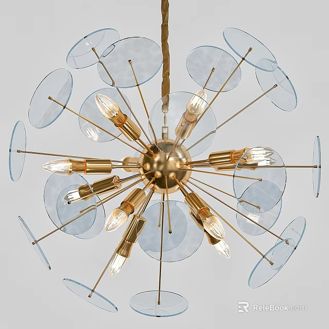 Modern Artistic Chandelier With Brass Base And Transparent Circular Discs And Bulbs 3d model 