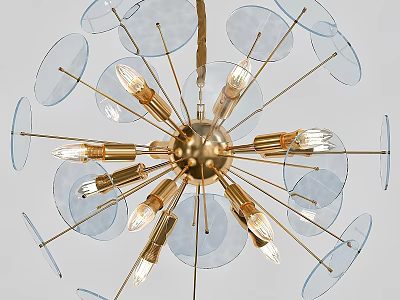 Modern Artistic Chandelier With Brass Base And Transparent Circular Discs And Bulbs 3d model