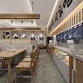 Japanese Style Restaurant Interior With Wooden Tables Chairs Gray Floor Wall Art And Open Kitchen
