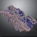 3D Terrain Model with Purple Pink Mountains Valleys and Central Pink River