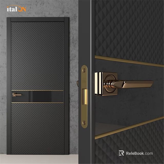 Modern Black Metal Swing Door With Gold Handle Grid Panel And Diamond Pattern 3d model 