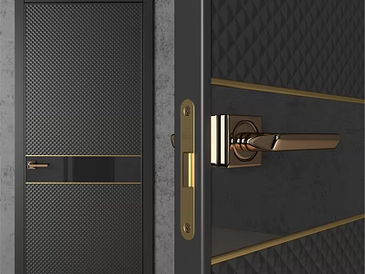 Modern Black Metal Swing Door With Gold Handle Grid Panel And Diamond Pattern 3d model