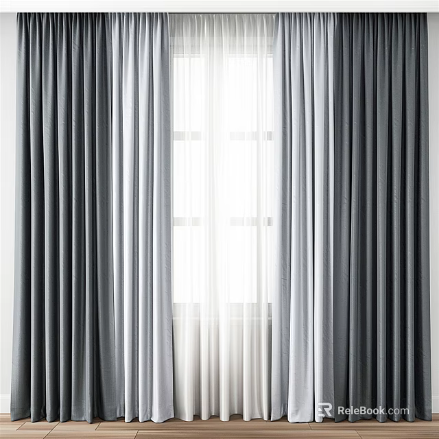 Gray Double Layer Curtain Design With Light Filtering Sheer And Solid Panels 3d model 