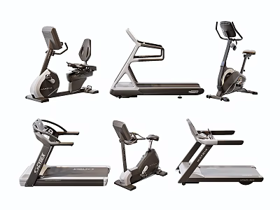 Different types of fitness equipment including treadmills ellipticals and exercise bikes for home gym workout 3d model