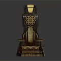 Ornate Carved Throne With Golden Accents Intricate Patterns And Dark Wood Base