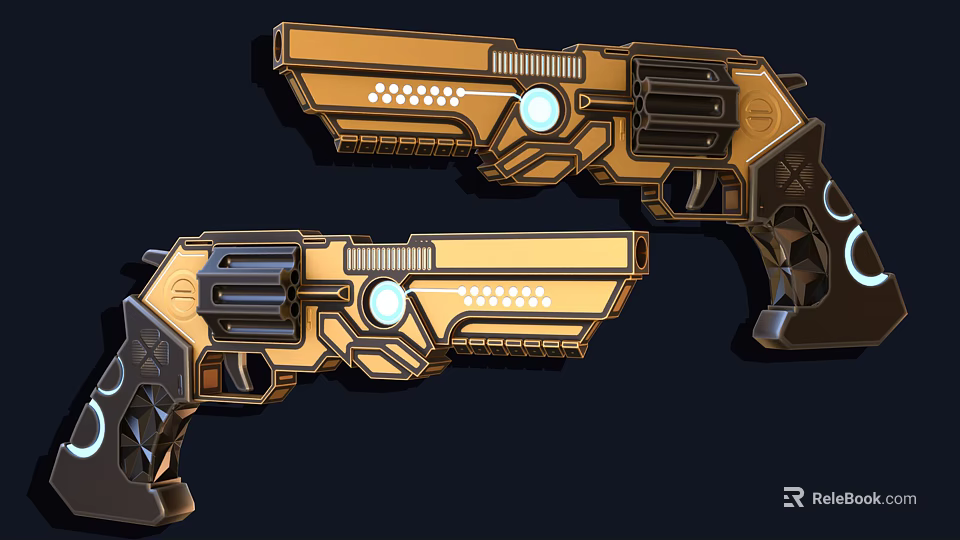 Sci Fi Style Gold And Black Pistols With Glowing Blue Components And Decorative Buttons 3d model 